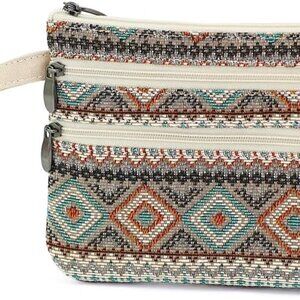 Multi-Color Polyester Jacquard Zip Clutch with Detachable Strap - Compact Style